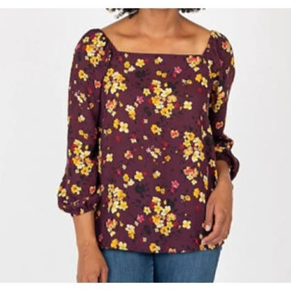 Z-557 Gibson Look Woven square neck blouse PURPLE FLORAL sz L new